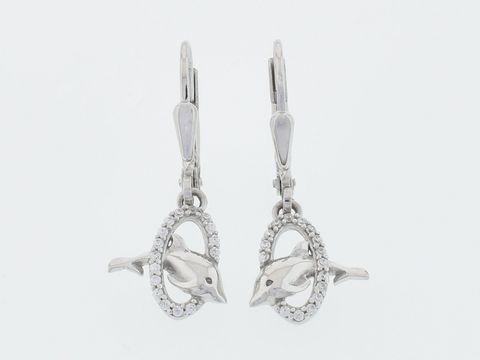 Ohrringe Silber rhod. mit Delfinmotiv, tierisch, Hänger mit Zirkonia. Hersteller Juwelier Harnisch, Ohrhänger mit Stein, elegant und verspielt.