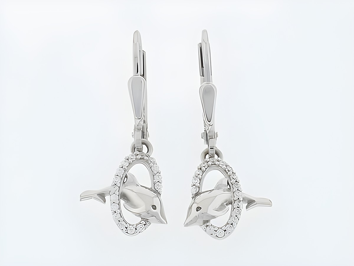 Ohrringe Silber rhod. mit Delfinmotiv, tierisch, Hänger mit Zirkonia. Hersteller Juwelier Harnisch, Ohrhänger mit Stein, elegant und verspielt.