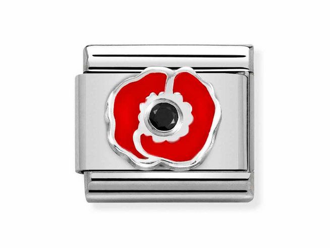 Ein charm aus Sterling Silber mit einem roten Mohnblumenmotiv und einem schwarzen Zirkonia, gefertigt von Nomination, ideal für individuelle Ergänzungen in der Schmuckkollektion.