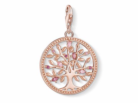 Charm-Anhänger von Thomas Sabo in Roségold mit filigranem Tree of Love Design, verziert mit bunten Steinen, Teil des Charm Clubs, Symbol für Glück.
