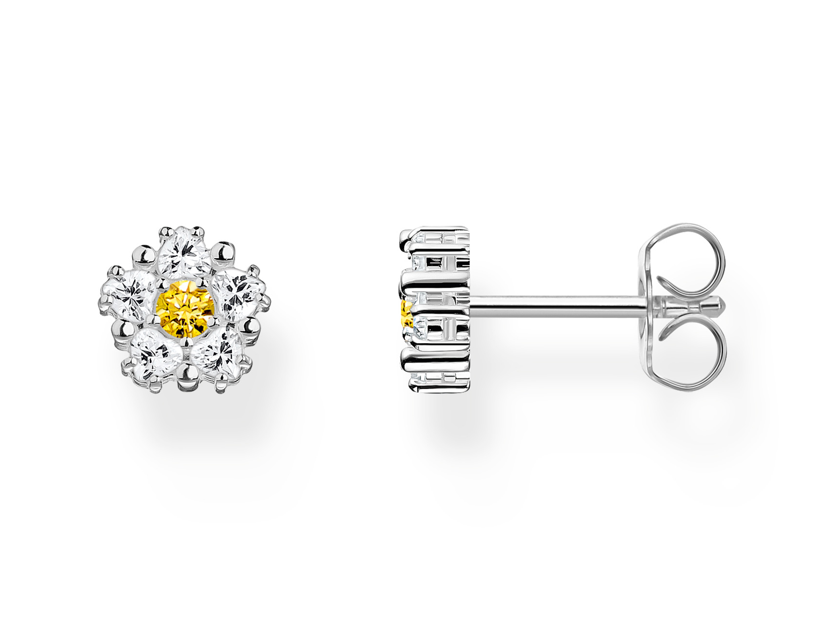 Thomas Sabo Ohrstecker H2297-051-4 in Blütenform mit gelbem Zentrum und weißen Zirkonia-Steinen, glänzendes Silberdesign, ideal für stilvolle Akzente, Neuheit aus der Blooming Skies Kollektion.