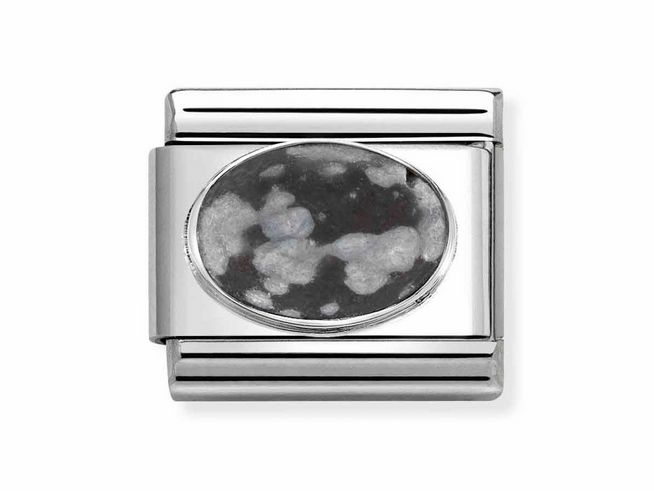 Eleganter Nomination Classic Charm aus Edelstahl mit ovalem Obsidianstein, der durch seine dunkle Färbung und interessante Muster besticht, ideal für individuelle Armbänder.