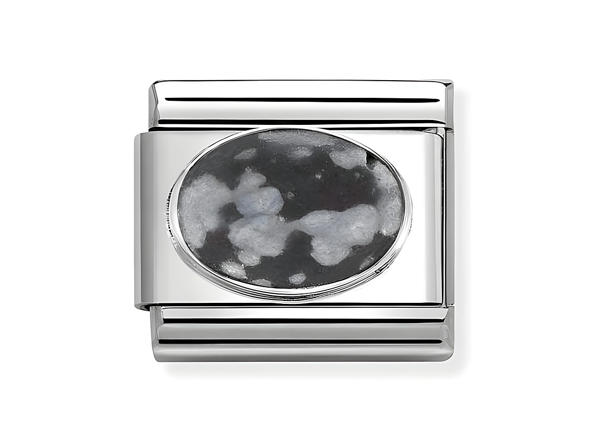 Eleganter Nomination Classic Charm aus Edelstahl mit ovalem Obsidianstein, der durch seine dunkle Färbung und interessante Muster besticht, ideal für individuelle Armbänder.
