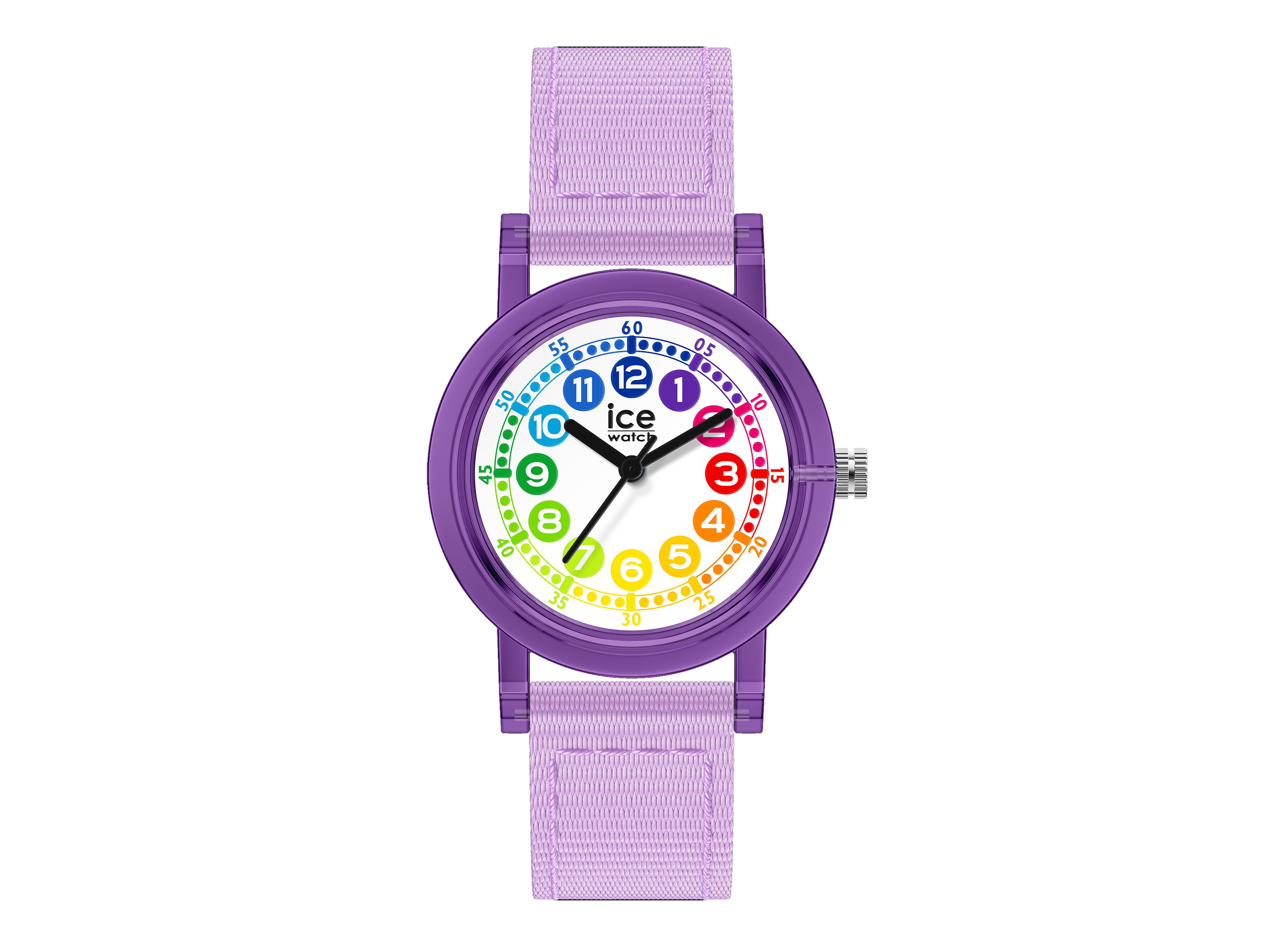 Ice Watch Uhr 023298 in lila mit einem bunten Ziffernblatt. Die Lernuhr verfügt über große, gut lesbare Zahlen und ein elastisches Armband in helllila, ideal für Kinder.