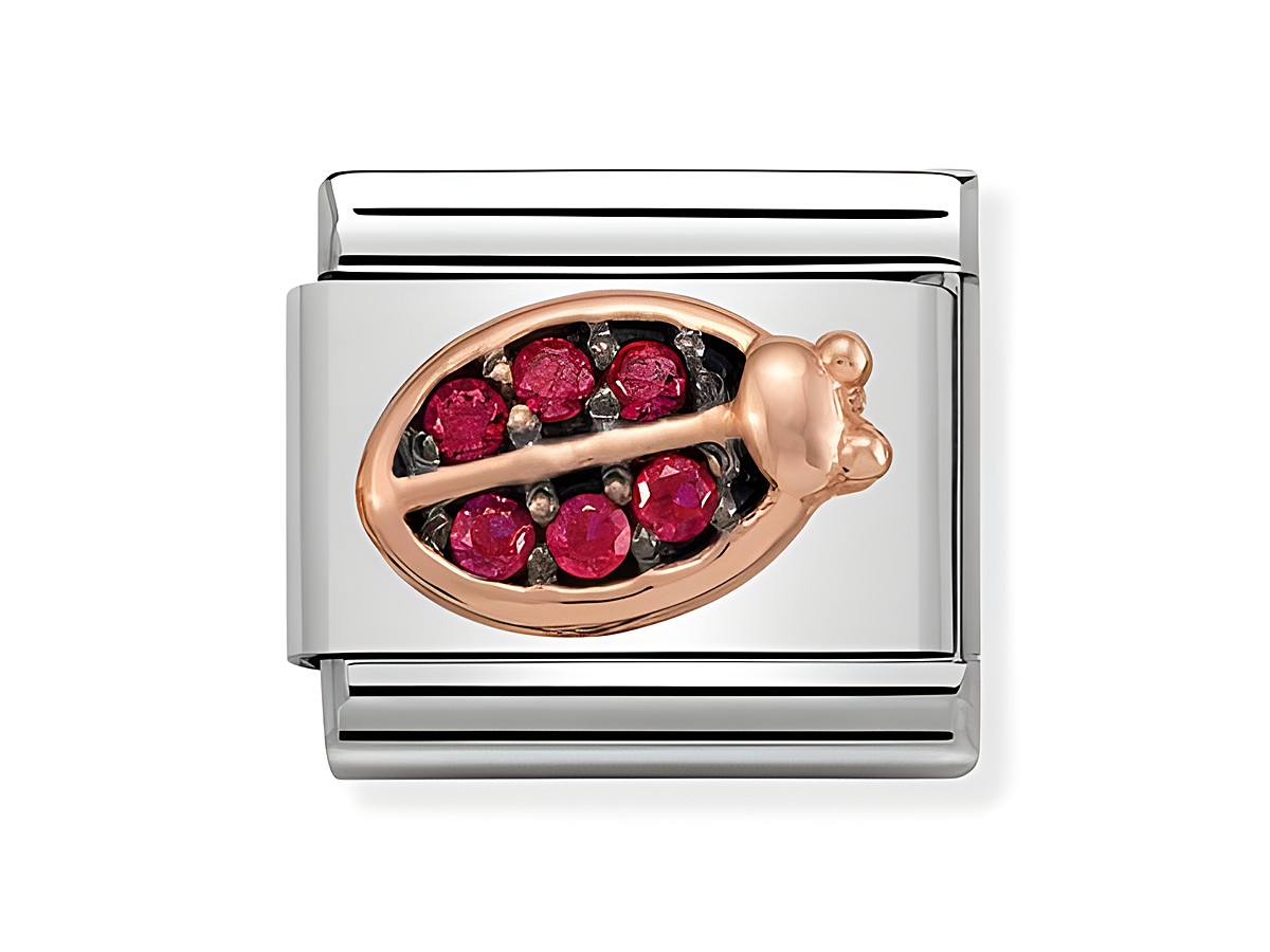 Roter Marienkäfer aus dem Nomination 430311 03 Symbole Composable Classic mit roten Steinen auf silbernem Hintergrund, geeignet für charmante Armbänder.