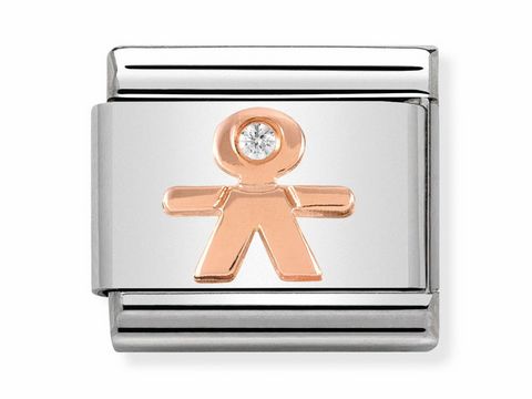 Junge aus Roségold mit einem Symbol und einem klaren Stein auf einem silbernen Hintergrund, Teil der Nomination Classic Kollektion, Modellnummer 430305 08.