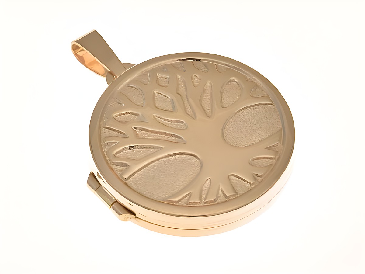Rundes Medaillon mit Lebensbaum-Motiv, teilmattiert, aus sterling Silber, roségold vergoldet, hergestellt von Juwelier Harnisch, elegant und symbolträchtig.