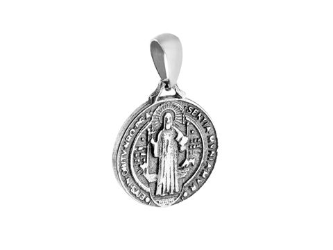 Religiöser Anhänger in Rundform aus Silber mit Abbildung eines Schutzpatrons, hergestellt von Juwelier Harnisch, detailreiche Verarbeitung und symbolische Darstellung.