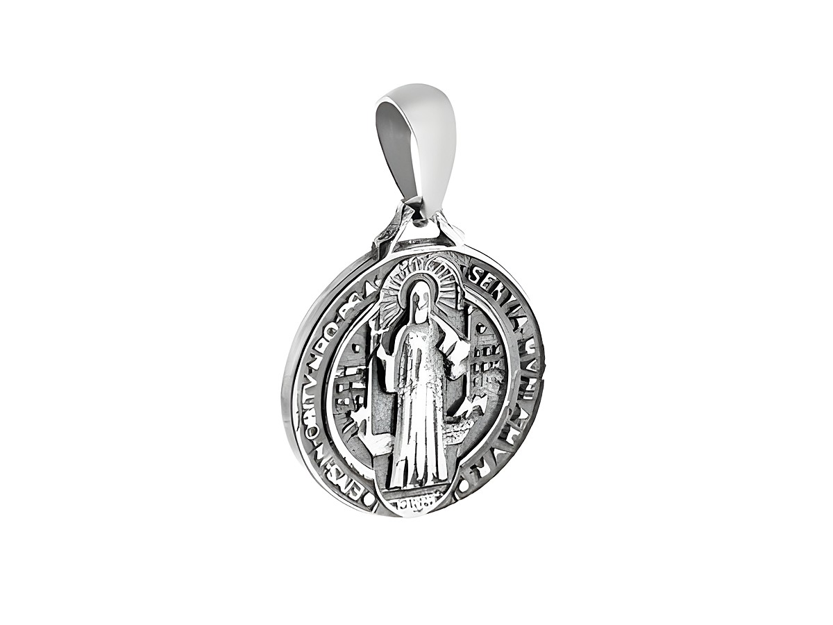 Religiöser Anhänger in Rundform aus Silber mit Abbildung eines Schutzpatrons, hergestellt von Juwelier Harnisch, detailreiche Verarbeitung und symbolische Darstellung.