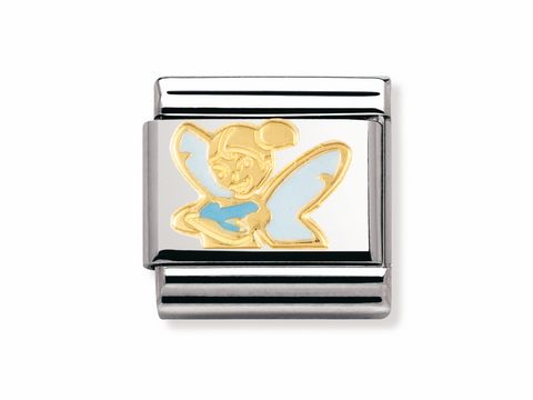 403027221-0 Die Schmuckelement von NOMINATION zeigt die klassische Elfe Glöckchen aus Peter Pan, gefertigt aus edlem Edelstahl mit goldfarbener und blauer Darstellung der Figur.