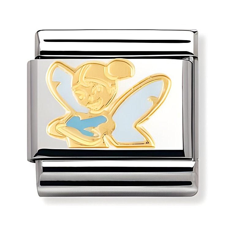 Die Schmuckelement von NOMINATION zeigt die klassische Elfe Glöckchen aus Peter Pan, gefertigt aus edlem Edelstahl mit goldfarbener und blauer Darstellung der Figur.