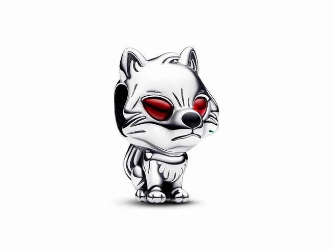 Ein detaillierter, silberner Anhänger in Form eines Schattenwolfes mit roten Augen, inspiriert von Game of Thrones, aus Sterlingsilber, Kristall und Emaille von Pandora.