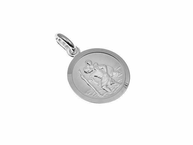 Sterling Silber Anhänger mit dem Motiv des Christophorus, Schutzpatron. Feine Detailarbeit und glänzende Oberfläche, hergestellt von Juwelier Harnisch. Hochwertiger Schmuck für Schutz und Glauben.