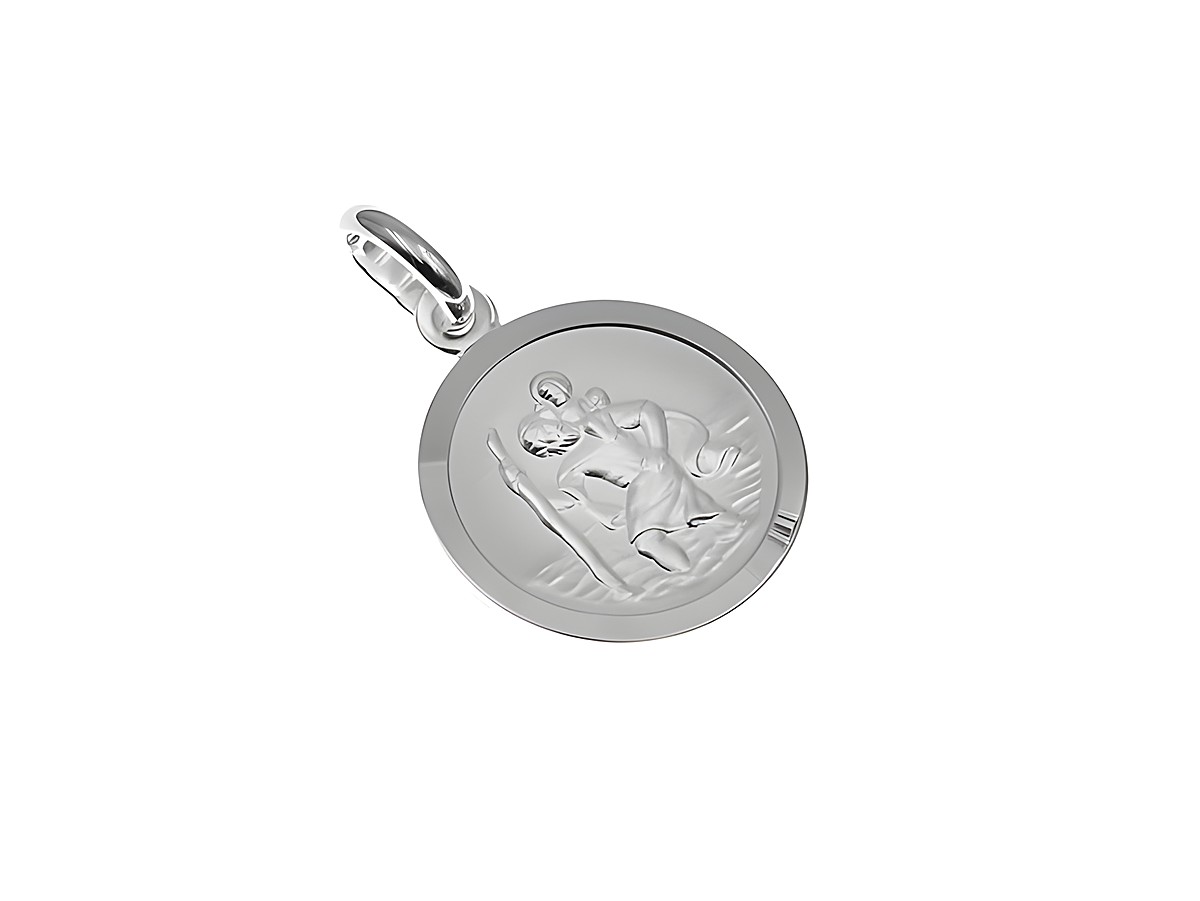 Sterling Silber Anhänger mit dem Motiv des Christophorus, Schutzpatron. Feine Detailarbeit und glänzende Oberfläche, hergestellt von Juwelier Harnisch. Hochwertiger Schmuck für Schutz und Glauben.