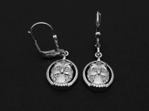 Ohrhänger mit Eule aus Silber, symbolisch, verziert mit weißen Zirkonia, hergestellt von Juwelier Harnisch, eleganter Schmuck mit Stein.