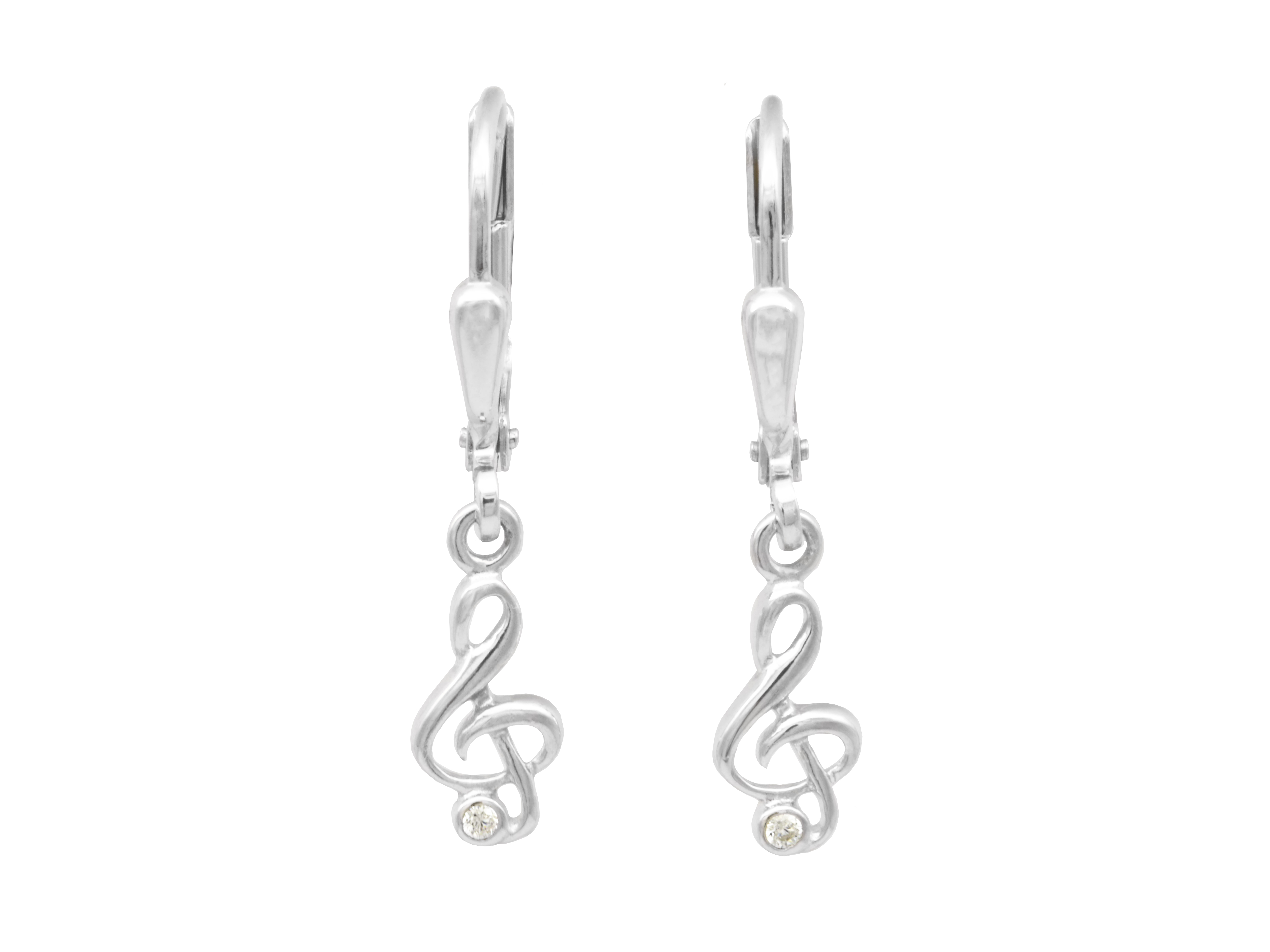 Ohrhänger aus rhodiniertem Sterling Silber mit polierter Oberfläche, gestaltet als Notenschlüssel, verziert mit einem weißen Zirkonia Stein, Hersteller Juwelier Harnisch.