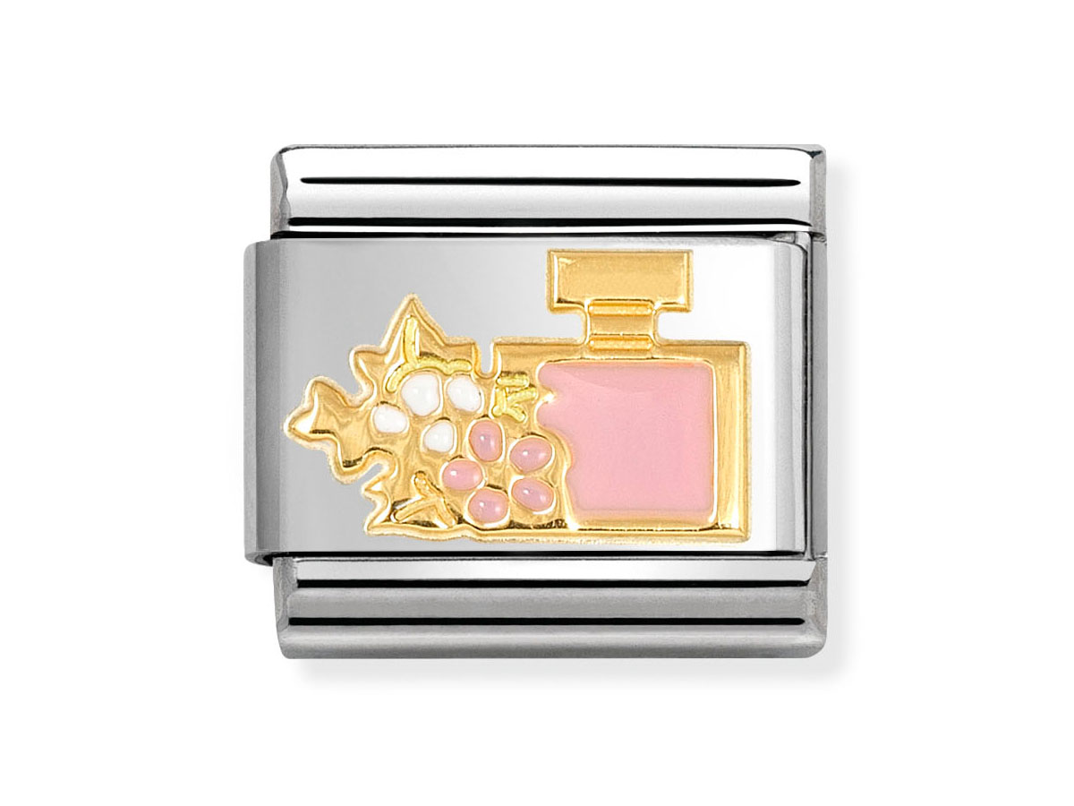 Ein Parfümflakon aus 585 Gelbgold mit rosa Emaille und floralen Motiven, präsentiert auf einem silbernen Hintergrund, von Nomination, Neuheiten, klassischer Stil.