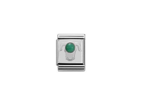 Silberner Charm von Nomination BIG mit dem Sternzeichen Stier, verziert mit einem grünen Stein, der stilisiert das Tierzeichen darstellt. Ideal für Armbänder oder persönliche Accessoires.