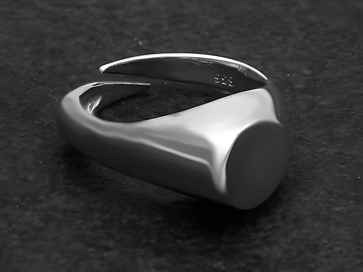 Silberring extravagant in Größe weit verstellbar, Hersteller Juwelier Harnisch, ohne Stein, mit einer geschwungenen Form und glänzender Oberfläche.