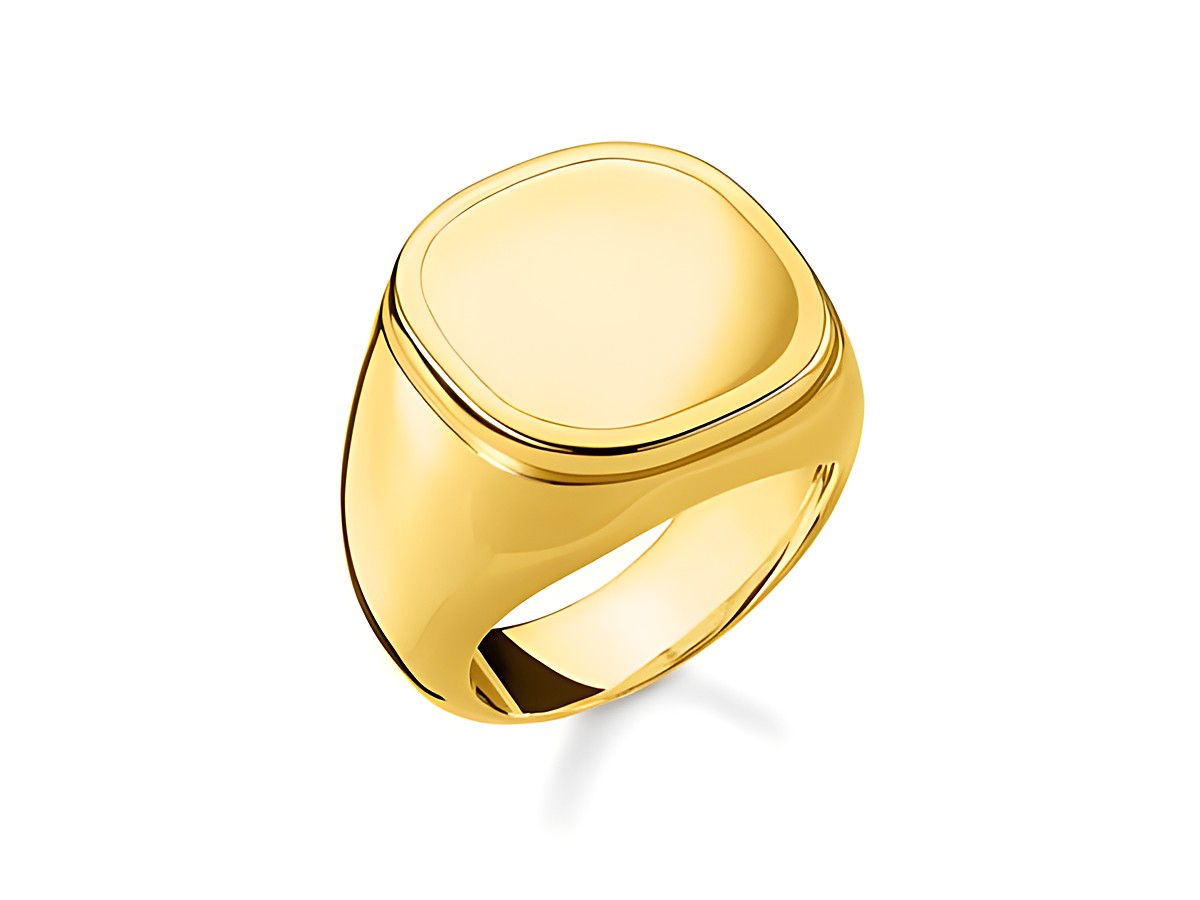 Ein eleganter gelbgoldfarbener Ring von Thomas Sabo, Modell TR2249-413-39-62, Größe 62, mit einer glatten, rechteckigen Oberfläche und einem schlichten Design.