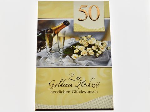Hochzeitskarte mit der Aufschrift zur goldenen Hochzeit, abgebildet sind eine Sektflasche mit Gläsern und ein Rosenstrauß, Hersteller Juwelier Harnisch, Hochzeitskarten.