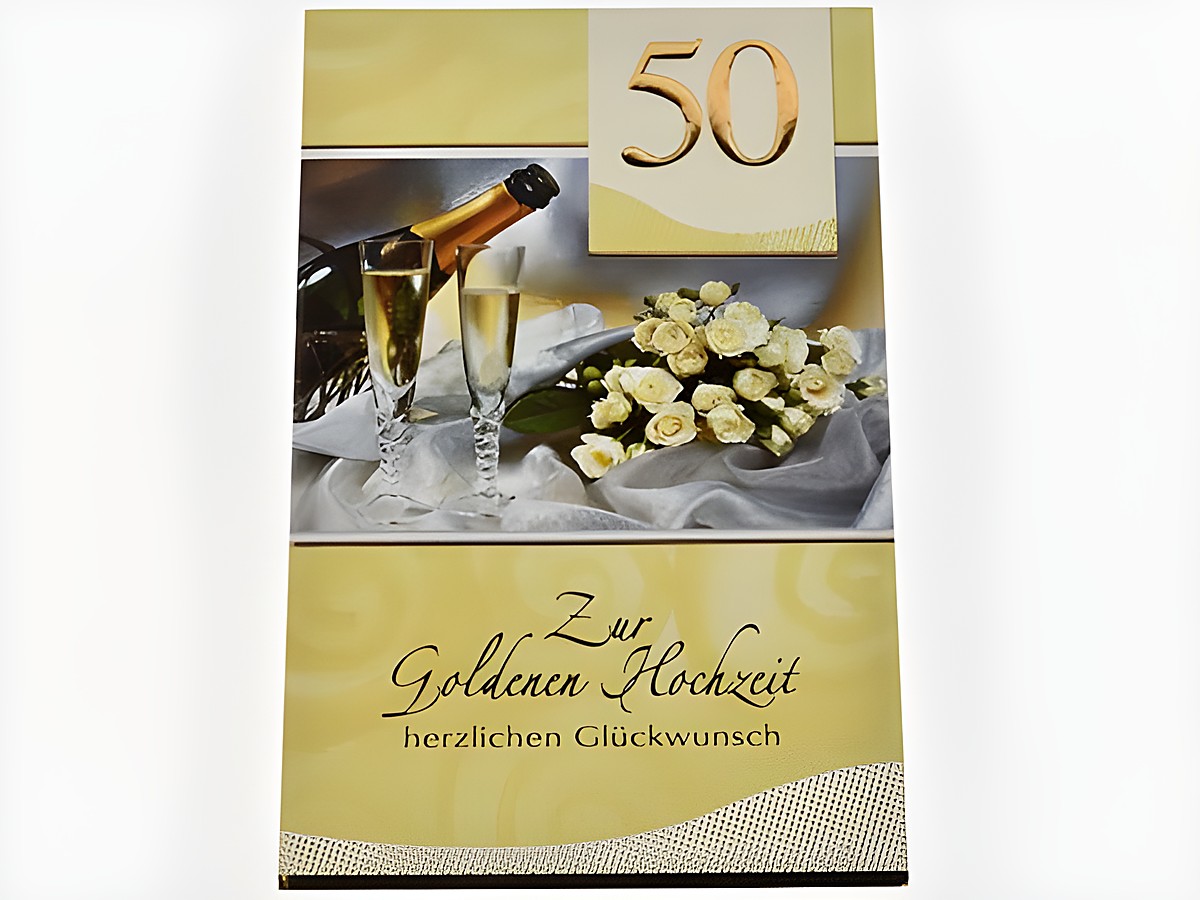 Hochzeitskarte mit der Aufschrift zur goldenen Hochzeit, abgebildet sind eine Sektflasche mit Gläsern und ein Rosenstrauß, Hersteller Juwelier Harnisch, Hochzeitskarten.