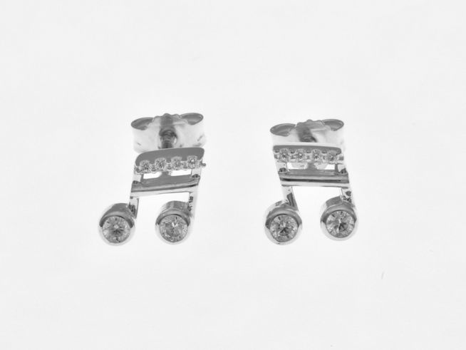 Musiknote Ohrstecker aus rhodiniertem Sterling Silber mit Zirkonia, elegant gearbeitet, ideal für Musikliebhaber, der perfekte Schmuck für besondere Anlässe.