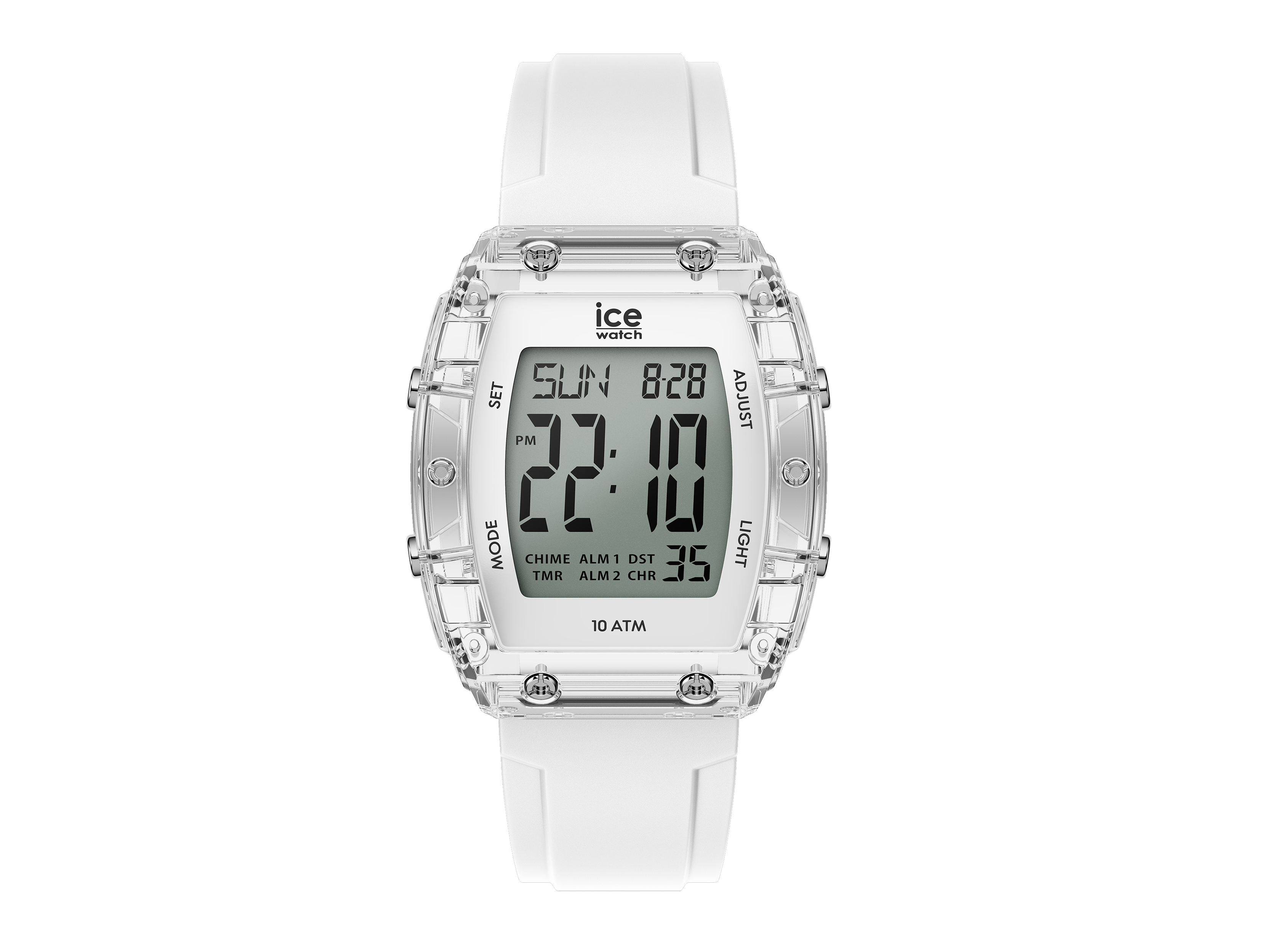 Digitale Armbanduhr Ice Watch 024565 in transparentem Weiß, mit Display zur Anzeige von Uhrzeit und Datum, ausgestattet mit Alarm- und Timerfunktion, sportliches Design, wasserdicht bis 10 ATM.