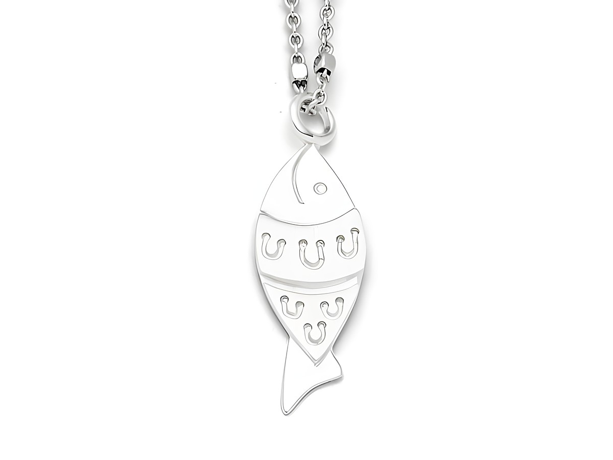 Sterling Silber Anhänger in Form eines Fischs, mit dekorativen Mustern. Der Anhänger hängt an einer feinen Kette, ideal für eleganten Schmuck. Hersteller ist DUR.
