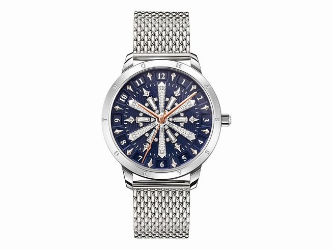 Damenuhr von Thomas Sabo WA0390-201-209-33 mit einem blauen Ziffernblatt und silbernem Milanaise-Armband, ziert eine elegante Polar Schneeflocken-Optik.