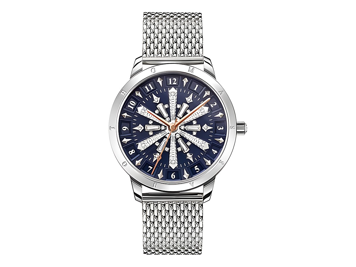 Damenuhr von Thomas Sabo WA0390-201-209-33 mit einem blauen Ziffernblatt und silbernem Milanaise-Armband, ziert eine elegante Polar Schneeflocken-Optik.