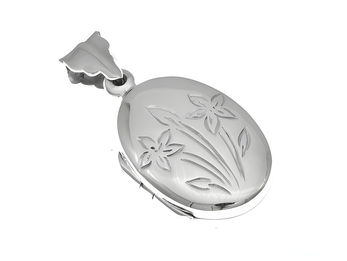 Medaillon aus Sterling Silber in ovaler Form mit floralen Gravuren, Hersteller Juwelier Harnisch, elegant und zeitlos gestaltet. Ideal als Schmuckstück oder Geschenk.