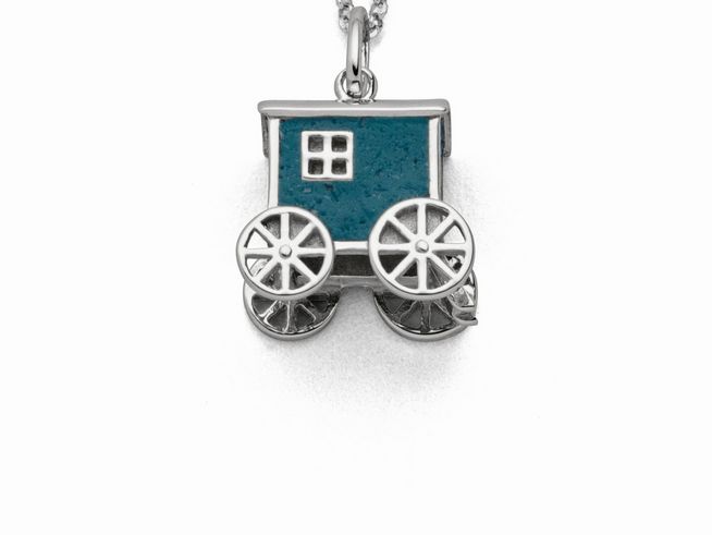 Sterling Silber Anhänger Badekarren mit blauer Steinsand-Farbe und filigranem Design, hergestellt von DUR, zeigt ein charmantes Karottenmotiv mit Rädern.