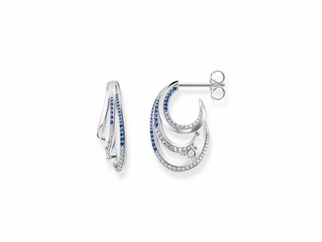 Sterling Silber Ohrstecker von Thomas Sabo mit geschwungenem Design, besetzt mit synthetischem Spinell und Zirkonia, glänzende Oberfläche, elegant und modern.
