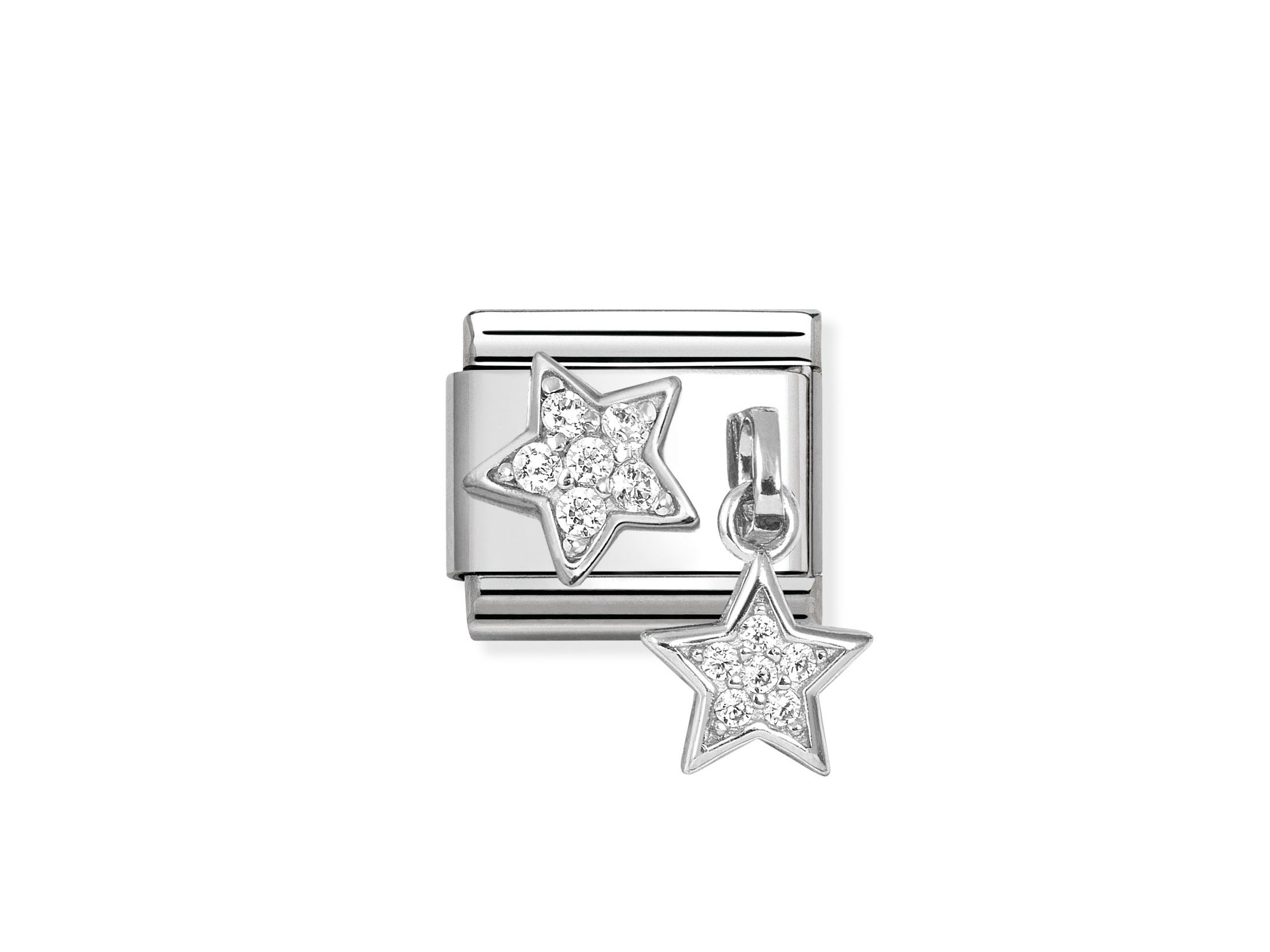 Charm Anhänger aus Sterling Silber mit einem stilisierten Stern und Zirkonia im Pavé-Design, glänzende Oberfläche, elegant und modern, ideal für individuelle Armbänder von Nomination.
