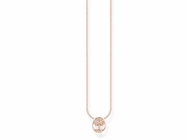 Charming Kette aus Sterling Silber, vergoldet in Roségold, mit Zirkonia in Weiß und Baum-Motiv, Länge von 40 bis 45 cm, von Thomas Sabo, Modell KE2126-416-14-L45V.