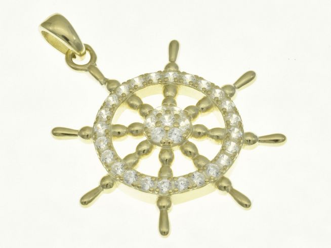 Steuerrad Anhänger aus Sterling Silber, gelbgold vergoldet, verziert mit Zirkonia, Hersteller Juwelier Harnisch, maritim und seefahrtlich inspiriert.