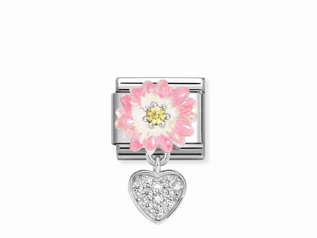 Charm von Nomination Classic in Silber mit einer rosa Margerite, Zirkonia und Emaille in Weiß und Gelb, ergänzt durch ein funkelndes Herz aus Zirkonia. Ideal für personalisierte Schmuckkreationen.