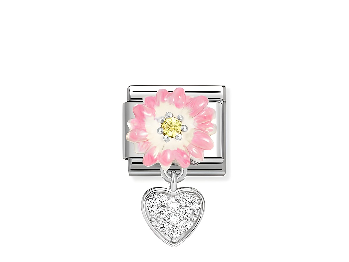 Charm von Nomination Classic in Silber mit einer rosa Margerite, Zirkonia und Emaille in Weiß und Gelb, ergänzt durch ein funkelndes Herz aus Zirkonia. Ideal für personalisierte Schmuckkreationen.