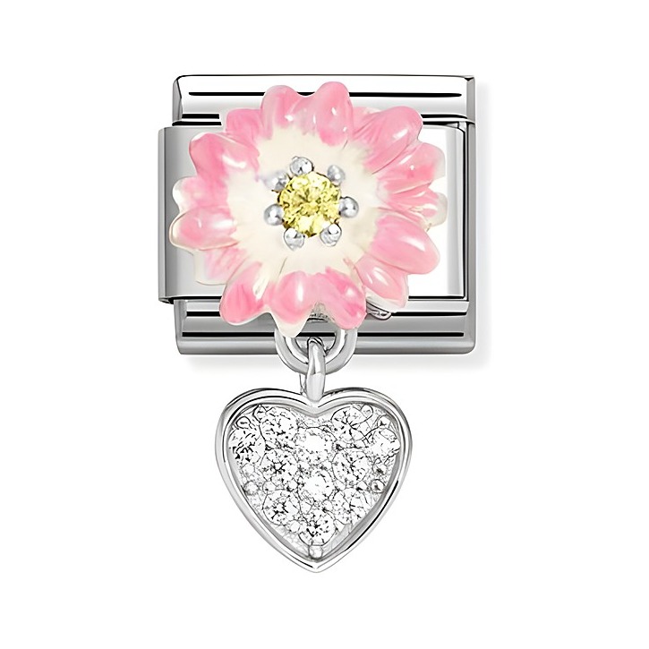 Charm von Nomination Classic in Silber mit einer rosa Margerite, Zirkonia und Emaille in Weiß und Gelb, ergänzt durch ein funkelndes Herz aus Zirkonia. Ideal für personalisierte Schmuckkreationen.