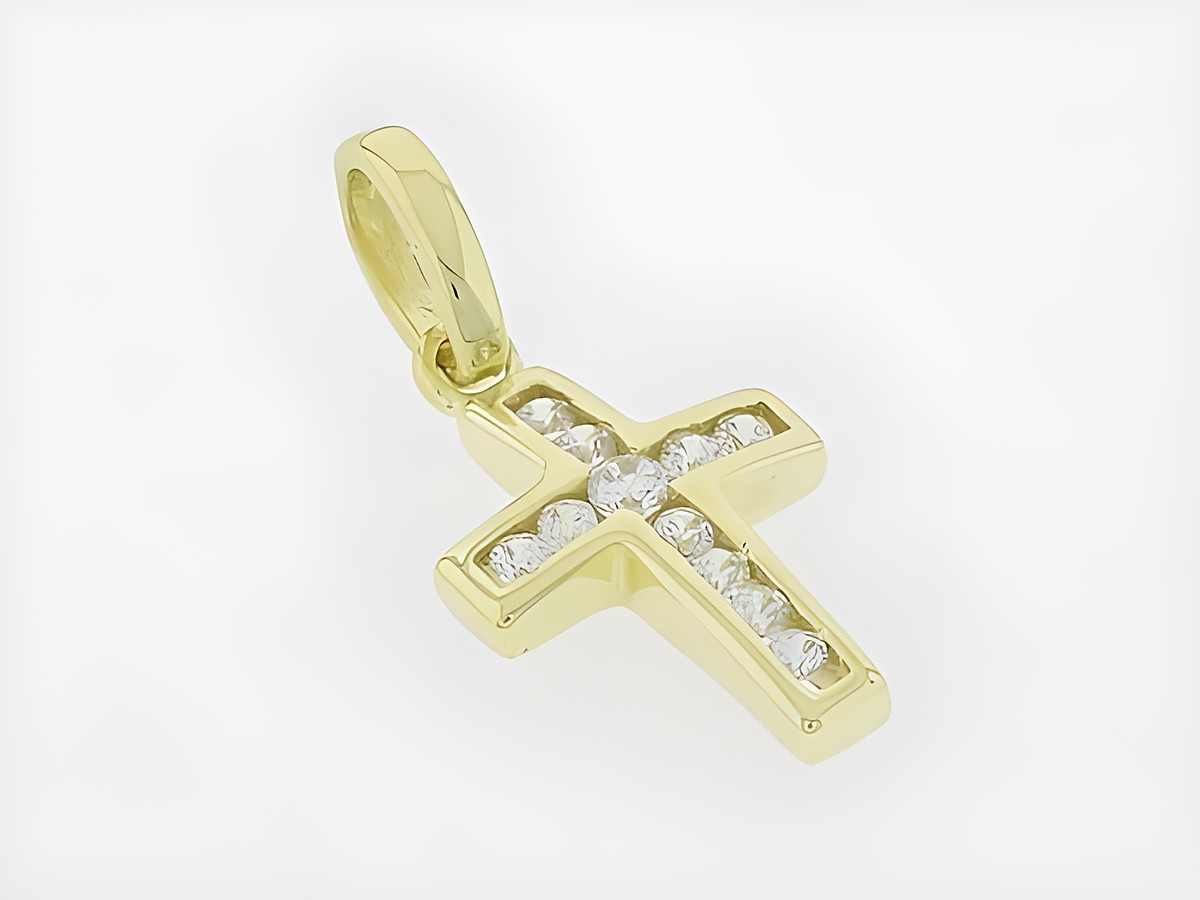Gold 333 Anhänger in Kreuzform, zart funkelnd mit Zirkonia-Steinen, hergestellt von Juwelier Harnisch. Ideal als elegante Ergänzung für jedes Schmuckset.