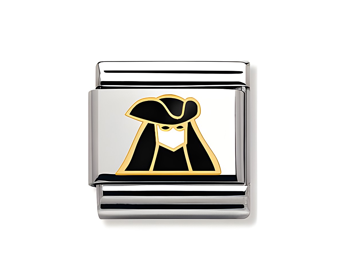 Classic emaillierte Bauta Maske von Nomination zeigt eine stilisierte, maskierte Figur mit breitem Hut in Schwarz und Gold auf einem silbernen Hintergrund. Ideal für Schmuckkreationen.