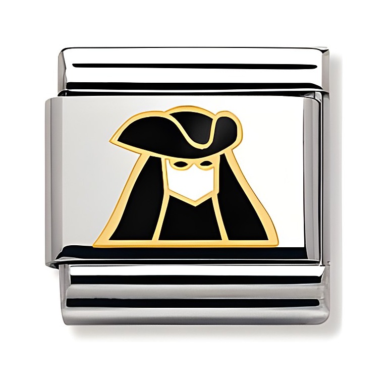 Classic emaillierte Bauta Maske von Nomination zeigt eine stilisierte, maskierte Figur mit breitem Hut in Schwarz und Gold auf einem silbernen Hintergrund. Ideal für Schmuckkreationen.