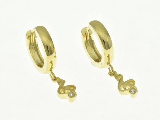 Ohrhänger aus sterling Silber und bicolor Gelbgold mit Notenschlüssel Design und Zirkonia, Hersteller Juwelier Harnisch, eleganter Schmuck für besondere Anlässe.
