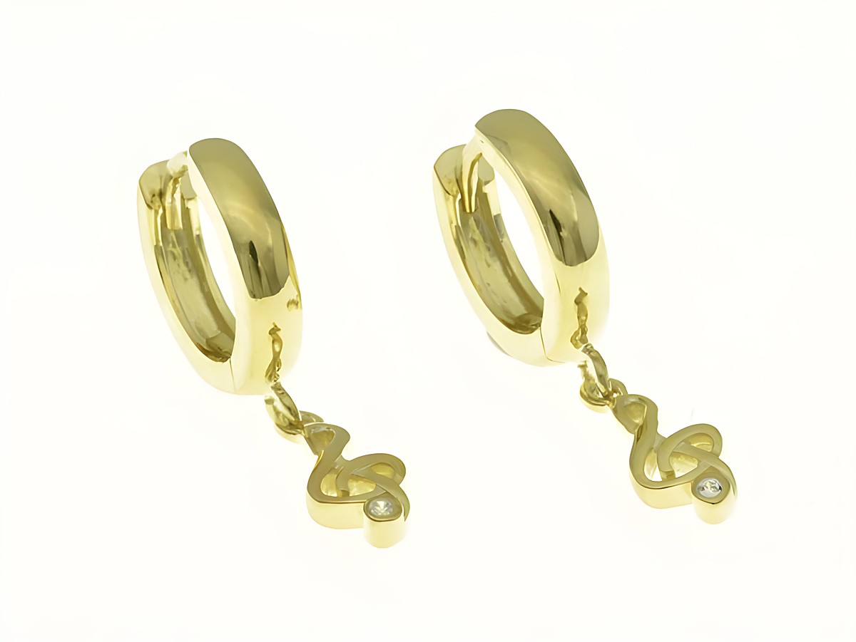 Ohrhänger aus sterling Silber und bicolor Gelbgold mit Notenschlüssel Design und Zirkonia, Hersteller Juwelier Harnisch, eleganter Schmuck für besondere Anlässe.