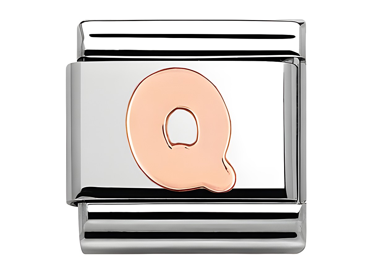 Classic Roségold Buchstabe Q von Nomination, gefertigt aus hochwertigem Edelstahl mit einem glänzenden roségoldenen Buchstaben. Ideal für individuelle Armbänder.