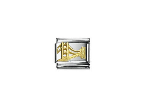 Eine stilisierte Darstellung der Golden Gate Bridge in Gold und Silber, geeignet als Schmuckstück von Nomination, Inspiration aus der Kategorie Monumente und Denkmäler.
