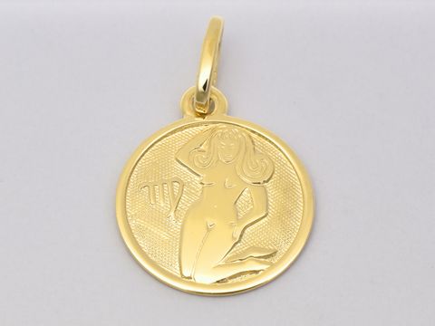 Jungfrau Gold Sternzeichen poliert 14 mm, Hersteller Juwelier Harnisch, zeigt eine stilisierte Darstellung des Sternzeichens Jungfrau in goldener Farbe auf einem runden Anhänger.