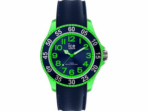 Armbanduhr von Ice Watch im Dinosaurier Design, mit grünem Gehäuse und blauen Ziffernblatt sowie schwarzem Armband, zeitgemäß, robust und gut ablesbar, ideal für Kinder.