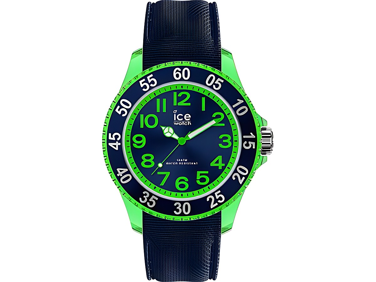 Armbanduhr von Ice Watch im Dinosaurier Design, mit grünem Gehäuse und blauen Ziffernblatt sowie schwarzem Armband, zeitgemäß, robust und gut ablesbar, ideal für Kinder.